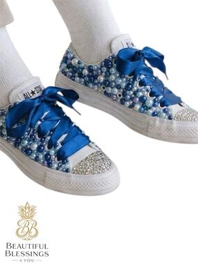 Converse White and Blue Studded Rhinestone and Pearl Sneakers